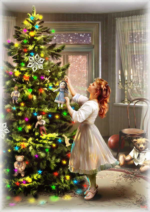 Девочка наряжает ёлку - с Новым Годом 2024, gif, открытки