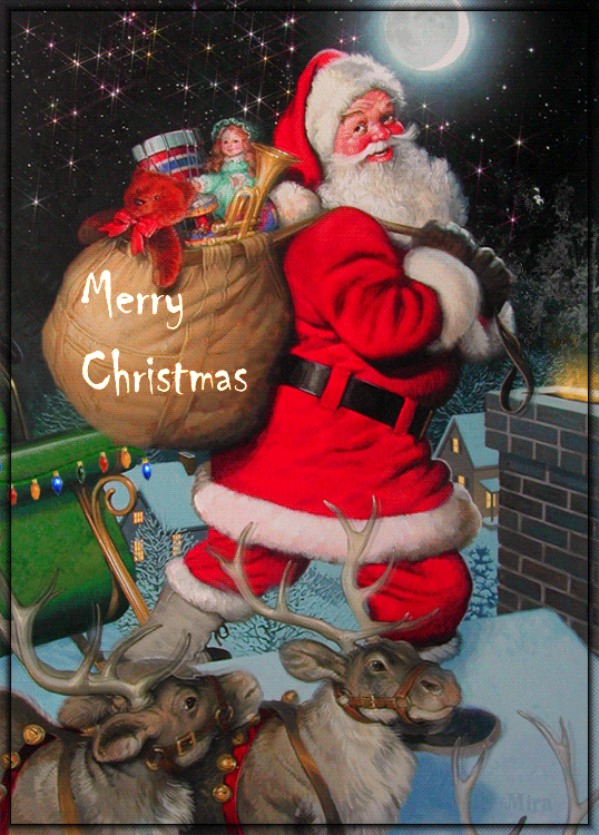 Санта Клаус с подарками на крыше - с Новым Годом, gif, открытки