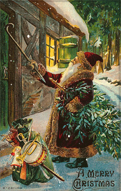 Санта с подарками стучится в дверь - с Рождеством Христовым, gif, открытки
