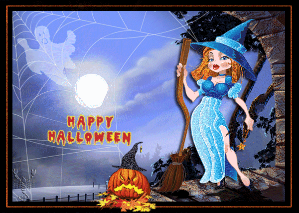 Ведьма и привидение - с хэллоуином, gif, открытки
