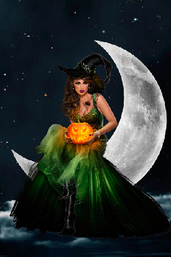 Ведьма с тыквой - с хэллоуином, gif, открытки