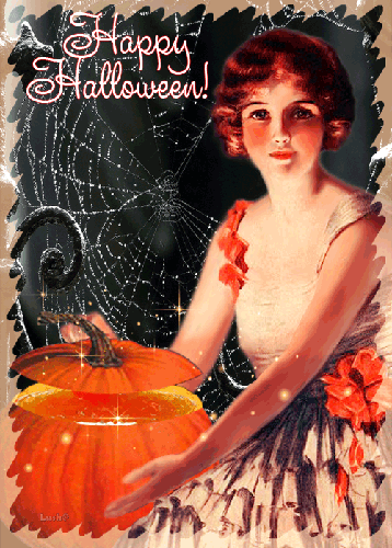 Девушка с тыквой - с хэллоуином, gif, открытки
