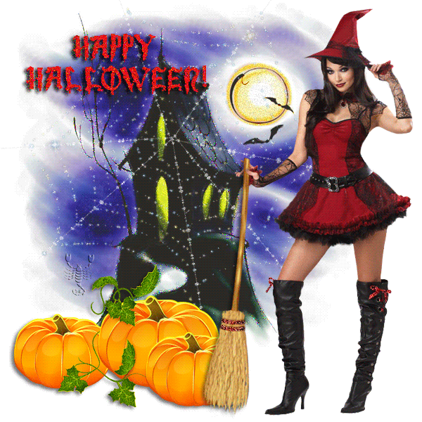 Ведьмочка - с хэллоуином, gif, открытки