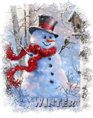 Снеговик анимированным снегом - зима, gif, открытки